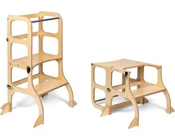 Ette Tete Step 'n Sit - Leertoren - Naturel met zilveren clips - Inklapbaar tot tafel en stoel - Met extra support - Learning Tower - Montessori inspired - Keukentrap - Keukenhulp - Leerstoel - Veilig -Duurzaam