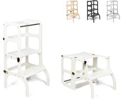 Ette Tete Step 'n Sit - Leertoren - Wit met messing clips - Inklapbaar tot tafel en stoel - Learning Tower - Montessori inspired - Keukentrap - Keukenhulp - Leerstoel - Veilig -Duurzaam