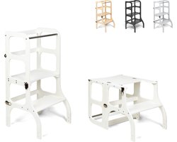 Ette Tete Step 'n Sit - Leertoren - Wit met zilveren clips - Inklapbaar tot tafel en stoel - Learning Tower - Montessori inspired - Keukentrap - Keukenhulp - Leerstoel - Veilig -Duurzaam