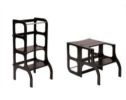 Ette Tete Step 'n Sit - Leertoren - Zwart met zwarte clips - Inklapbaar tot tafel en stoel - Learning Tower - Montessori inspired - Keukentrap - Keukenhulp - Leerstoel - Veilig -Duurzaam