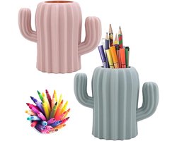 Etui met 2 vakken, geschikt voor kantoor, pennenhouder, opbergruimte voor make-upkwasten, creatieve en interessante cactusvorm, geschikt voor bureaus en kaptafels (roze, groen)