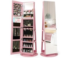 Evaux Boutique Sieradenkast - 360° draaibaar - Opberggkast - Driekleurige led-verlichting - Royale opbergruimte - Kast - Spiegel - Opbergkast met deuren - Glamoureuze spiegel - Elegant roze