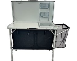 EveBase Silver Deluxe - Campingkeuken met Wasbak - Opvouwbare Campingkast met Opbergruimte en Organizers - Zilver/Zwart
