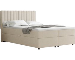 EVEREST boxspring bed 140 x 200 cm tweepersoonsbed met Bonell matras en topper met bedbodem- lichtbeige