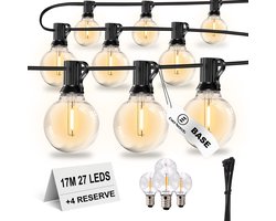 EverNeeds G40 BASE Lichtsnoer Buiten – Prikkabel 17m – 27 LED – IP44 – Lichtslinger – Sfeerverlichting Buiten en Binnen – Warm Wit 2700K – 4 Extra LED’s