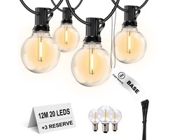 EverNeeds G40 BASE Lichtsnoer Voor Buiten - 12 Meter - 20 LED - IP44 - Lichtslinger - Sfeerverlichting Buiten en Binnen - Tuinverlichting - Prikkabel - Lampjes Slinger - 2700K - 3 Extra Leds