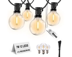EverNeeds G40 BASE Lichtsnoer voor Buiten - 7 Meter- 12 LED - IP44 - Lichtslinger - Sfeerverlichting Buiten en Binnen - Tuinverlichting - Lampjes Slinger - 2700K - 3 Extra Leds