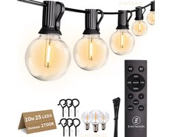 EverNeeds G40 Lichtsnoer Buiten - Prikkabel 10m - 25 LED - IP44 - Dimbaar met Afstandsbediening - Lichtslinger - Sfeerverlichting Buiten en Binnen - Warm Wit 2700K - 3 Extra LED’s