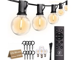 EverNeeds G40 Lichtsnoer Buiten - Prikkabel - 17m Totaal - 15m Verlicht - 35 LED - IP44 - Dimbaar met Afstandsbediening - Lichtslinger - Sfeerverlichting Buiten en Binnen - Warm Wit 2700K - 4 Extra LED’s