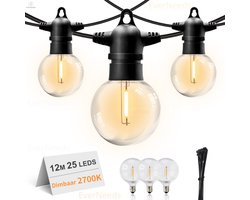 EverNeeds G50 Lichtsnoer Voor Buiten - 12 Meter - 25 LED - IP65 Waterdicht - Met Dimfunctie - Lichtslinger - Sfeerverlichting - Buiten en Binnen - Tuinverlichting - Lampjes Slinger - 2700K - 3 Extra Leds