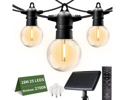 EverNeeds G50 Solar Lichtsnoer Buiten – Prikkabel 18m (15m verlicht en 3m kabel) – 25 LED – IP65 – Afstandsbediening – Solar Tuinverlichting - Zonneenergie Lichtslinger - Sfeerverlichting Buiten - Warm Wit 2700K - 4 Extra LED’s