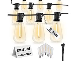 EverNeeds ST38 BASE Lichtsnoer - 20 Meter- 36 LED - IP44 - Lichtslinger - Sfeerverlichting Buiten en Binnen - Tuinverlichting - Prikkabel - Lampjes Slinger - 2700K - 5 Extra Leds