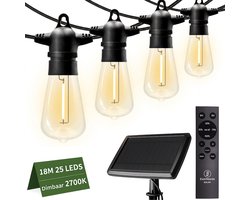 EverNeeds ST38 Solar Lichtsnoer Buiten – Prikkabel 18m (15m verlicht en 3m kabel) – 25 LED – IP65 – Afstandsbediening – Solar Tuinverlichting - Zonneenergie Lichtslinger - Sfeerverlichting Buiten - Warm Wit 2700K - 4 Extra LED’s