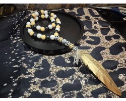Eviva Home Deco Luxe Tafelketting - Decoratieve Kralenketting met Gouden Veer - Zwart Wit Luipaardprint