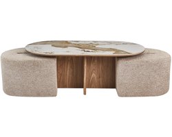 Evora Ovale Salontafel met 2 Poefs – 120 x 60 cm – Glanzend Stenen Blad met Goudbruine Marmerlook – Beige