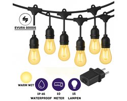Evura Goods Lichtsnoer Voor Buiten – LED String Light – 10 Meter – 15 Lampen – Kerstverlichting - IP65 Waterdicht – Warm Wit – Tuinverlichting met Stekker – Waterproof – Lichtslinger voor Buiten & Feest