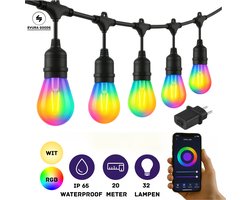 Evura Goods RGB Lichtsnoer Buiten 20 Meter - Verlengbaar - 30 Smart LED Lampen - Kerstverlichting -Multicolor Tuinverlichting - Weersbestendig IP65 - App Bediening via Telefoon - Lamp slinger - Lichtslinger - Terras- en Feestverlichting - Plug & Play