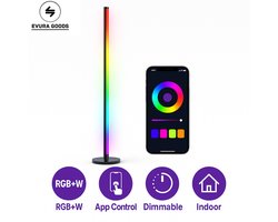 Evura Slimme LED Vloerlamp – Wifi Hoeklamp Staande Lamp 1.45m – Dimbaar RGB & Warm Wit Licht – App- en Spraakbesturing (Tuya, Alexa, Google Home) – Sfeerverlichting – Minimalistisch Design – Zwart