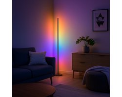 Evura Slimme LED Vloerlamp – Wifi Hoeklamp Staande Lamp 1.45m – Dimbaar RGB & Warm Wit Licht – App- en Spraakbesturing Tuya, Alexa, Google Home – Sfeerverlichting – Minimalistisch Design – Zwart