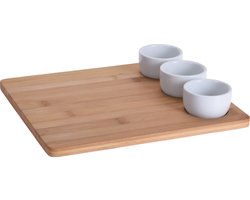 Excellent Houseware 4-delige sushi serveer set - met bamboe houten serveerplank - en 3 porseleinen kommetjes - 28 x 24 cm