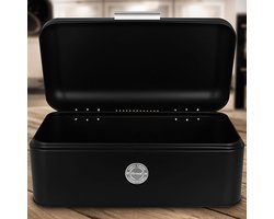 Excellent Houseware - Broodtrommel - Met Klepdeksel - Zwart - Metaal - Glans - Luchtgaten - Chique - Modern