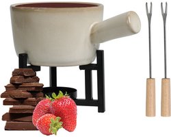 Excellent Houseware Chocoladefondue setje met houder - porselein - beige - incl. 2 vorken
