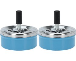 Excellent Houseware Draai asbak - Set van 2x stuks - druk asbak - rond metaal - 10 cm - blauw - binnen en buiten gebruik