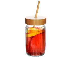 Excellent Houseware - Drinkfles - Glazen Pot - Bamboe Deksel - Rietje