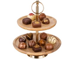 Excellent Houseware etagere - H28 x D25 cm - naturel/goud - luxe mango hout - 2 laags - serveerplank - taartjes - koekjes - chocolade - bonbons