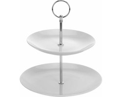 Excellent Houseware Etagère - porselein - 2-laags - zilverkleurig handvat - high tea