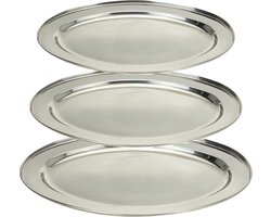 Excellent Houseware - food serving bowls/plates - set 3x - oval - silver - ss metal - 35/40/45 cm - voedsel serveren