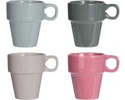 Excellent Houseware Gekleurde bekers/koffiekopjes - 4-delig - aardewerk - 180 ml