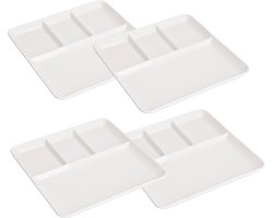 Excellent Houseware Gourmetbord - 4x - 4 vakjes - vierkant - wit - porselein - D25 cm - Fonduebord/barbecue bord