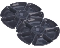 Excellent Houseware Hapjes / chips serveerschaal - 2x - donkergrijs - D29 cm - vakjes dienblad - kunststof