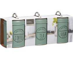 Excellent Houseware Keuken voorraad blikken - 3x stuks - groen - suiker - thee - koffie - 11 x 16 cm - Vintage look