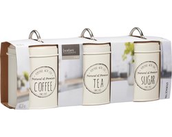 Excellent Houseware Keuken voorraad blikken - 3x stuks - wit - suiker - thee - koffie - 11 x 16 cm - Vintage look