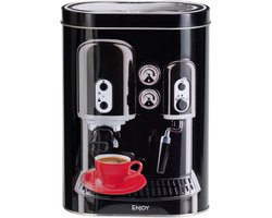Excellent Houseware Koffie bewaarblik - metaal - retro print zwart - 13 x 8 x 19 cm - cups / bonen / filterkoffie