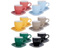 Excellent Houseware Koffie kopjes met schotel - set van 12x - kleurenmix - 240 ml - koffiekopjes - keramiek