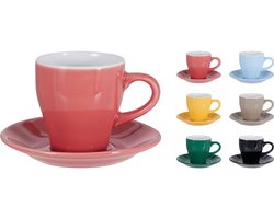 Excellent Houseware Koffie kopjes met schotel - set van 6x - kleurenmix - 240 ml - koffiekopjes - keramiek