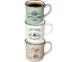 Excellent Houseware Koffiemok Cosy - set van 3x - groen / beige / wit - 330 ml - mokken - keramiek