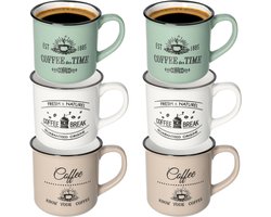 Excellent Houseware Koffiemok Cosy - set van 6x - groen / beige / wit - 330 ml - mokken - keramiek