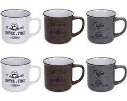 Excellent Houseware Koffiemok Cosy - set van 6x - wit / bruin / grijs - 330 ml - mokken - keramiek