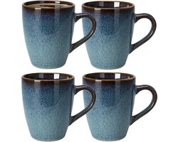 Excellent Houseware Koffiemokken Pompei - 4x stuks - Keramiek - blauw - 350 ml - 9 x 11 cm - old stone look