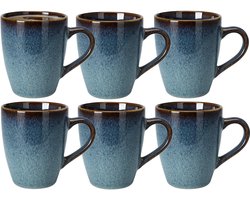 Excellent Houseware Koffiemokken Pompei - 6x stuks - Keramiek - blauw - 350 ml - 9 x 11 cm - old stone look