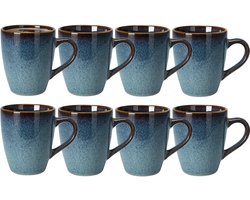 Excellent Houseware Koffiemokken Pompei - 8x stuks - Keramiek - blauw - 350 ml - 9 x 11 cm - old stone look