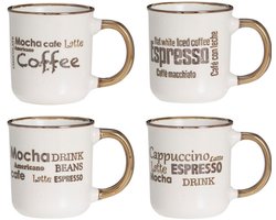 Excellent Houseware Koffiemokken set - 4x - bruin - 200 ml - mokken - met tekst - keramiek - giftset