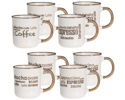 Excellent Houseware Koffiemokken set - 8x - bruin - 200 ml - mokken - met tekst - keramiek - giftset