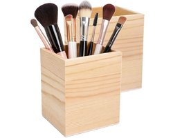 Excellent Houseware Make up organizer bakje - 2x - hout - 8 x 8 x 10 cm - vierkant - sorteerbakje - kwasten