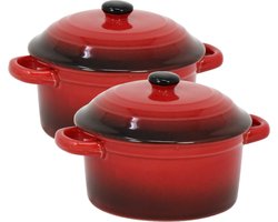 Excellent Houseware Mini stoofpannetje - Set van 4x stuks - ovenschaaltje - rood - 9 cm - porselein - serveerschaaltje - Tapaspannetje
