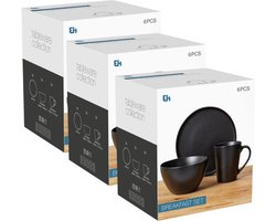 Excellent Houseware Ontbijt Servies set - 18-delig - zwart - keramiek - tafelservies - 6 personen